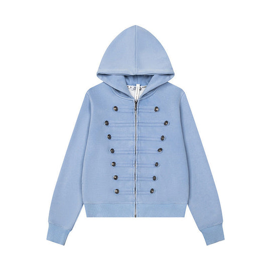 Damen Kapuzen-Sweatjacke mit militärischer Knopfverzierung und durchgehendem Reißverschluss Shop Nory