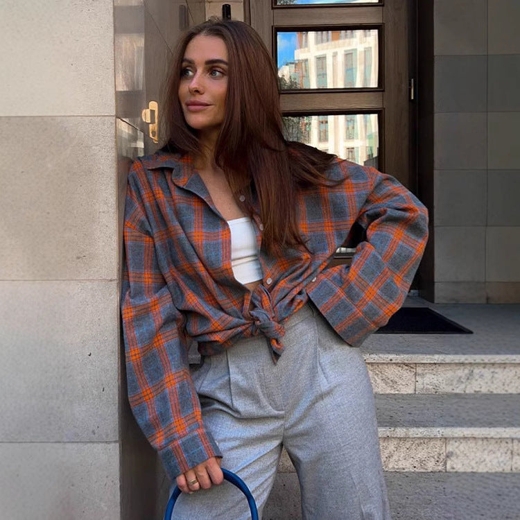 Damen Karo Oversize Flanellhemd Bluse mit Druckknopfblende und Hemdkragen Shop Nory
