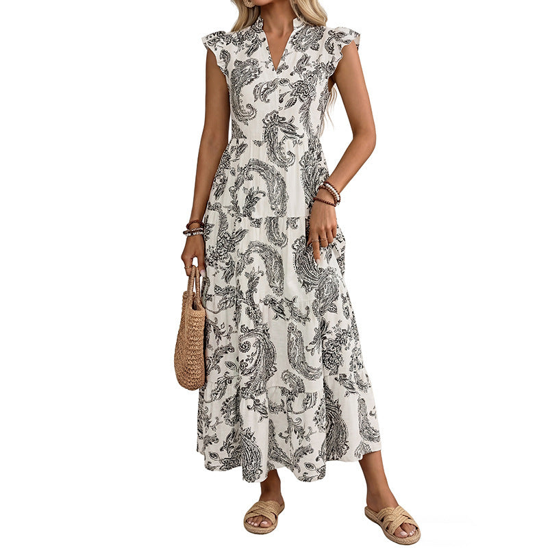 Damen Maxikleid mit Paisley‑Print, V‑Ausschnitt und Stufenrock Shop Nory