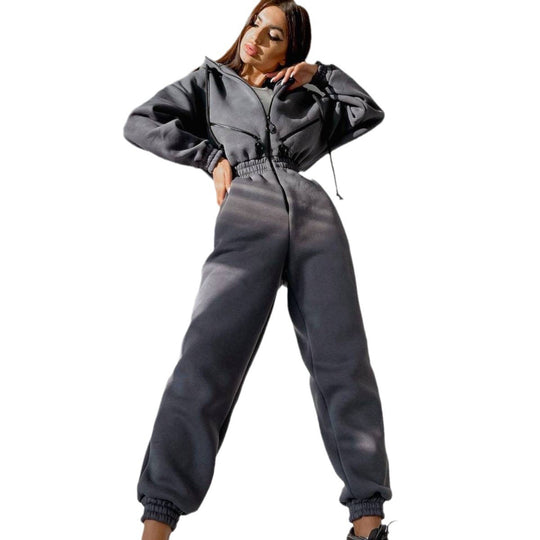 Damen taillierter Kapuzen-Jumpsuit mit elastischem Bund und markanten Kontrast-Reißverschlüssen Shop Nory