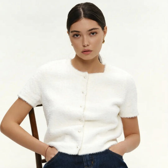 Damen Flauschiger Strickpullover mit Perlenknöpfen Shop Nory