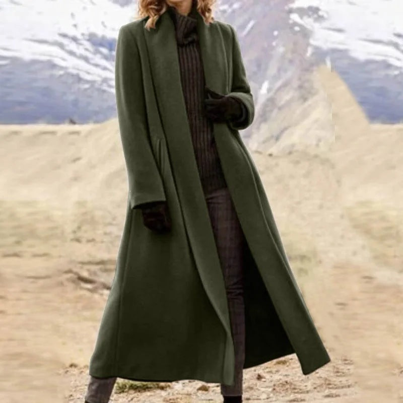 Damen eleganter langer Wollmix-Mantel mit offenem Fall und seitlichen Eingrifftaschen Shop Nory