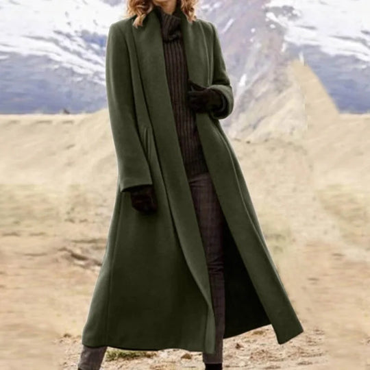 Damen eleganter langer Wollmix-Mantel mit offenem Fall und seitlichen Eingrifftaschen Shop Nory