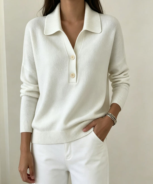 Damen Polokragen-Pullover mit halber Knopfleiste und geripptem Saum Shop Nory