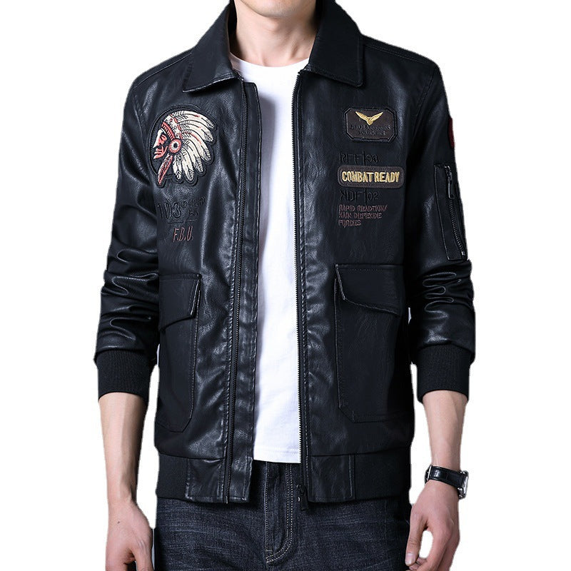 Herren Piloten‑Bomberjacke aus Kunstleder mit gestickten Patches und Rippbündchen Shop Nory