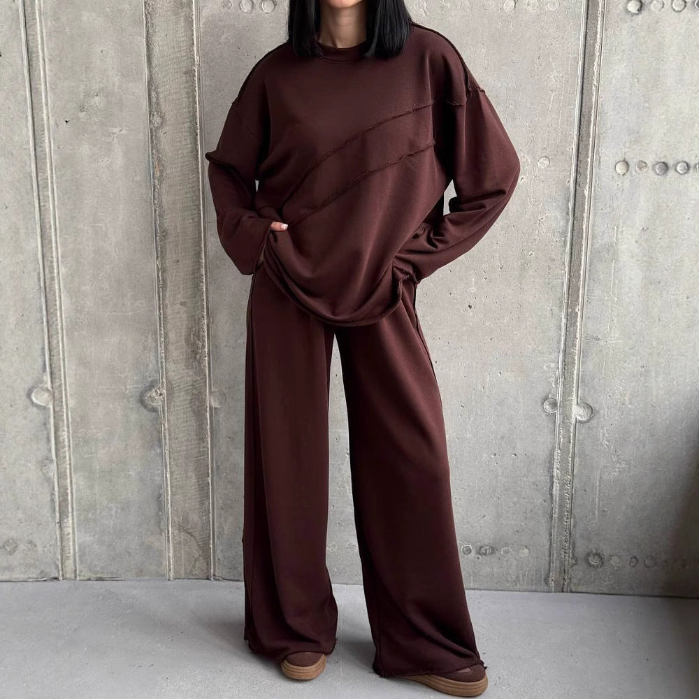 Damen weiches Oversize Lounge-Set mit diagonalem Ziernähten und extra weiter Palazzo-Hose Shop Nory