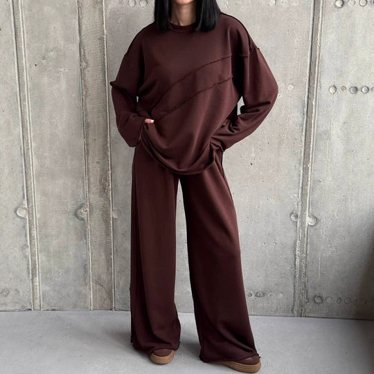 Damen weiches Oversize Lounge-Set mit diagonalem Ziernähten und extra weiter Palazzo-Hose Shop Nory