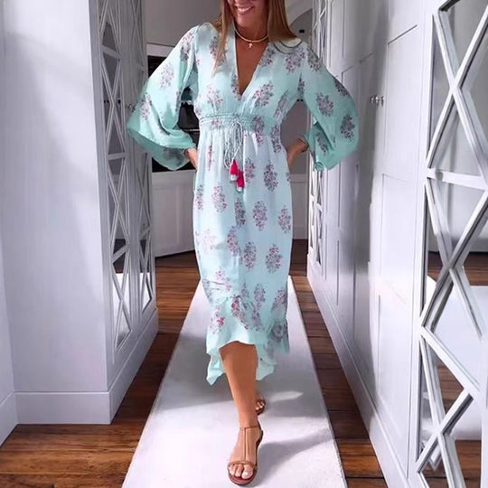Damen nan luftig-fließendes Boho-Midikleid mit V-Ausschnitt, geraffter Smock-Taille, Kordelzug mit Quasten und asymmetrischem Volant-Saum
