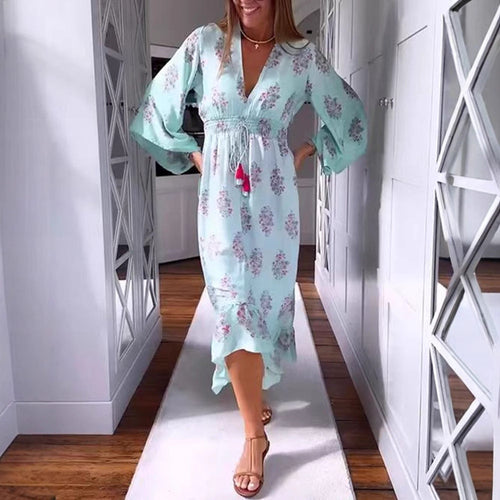 Damen nan luftig-fließendes Boho-Midikleid mit V-Ausschnitt, geraffter Smock-Taille, Kordelzug mit Quasten und asymmetrischem Volant-Saum