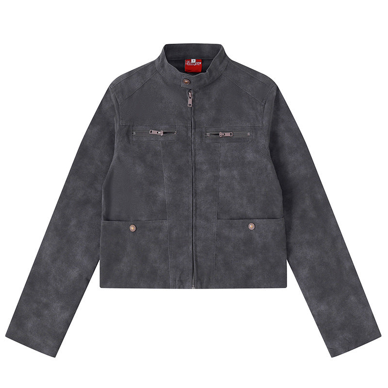 Damen Kurz geschnittene Bikerjacke aus Velours‑Optik mit Stehkragen und Brust‑Zipper Shop Nory