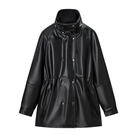 Damen Regenjacke aus Lederoptik mit hohem Stehkragen, Taillenzug und Druckknopffront Shop Nory