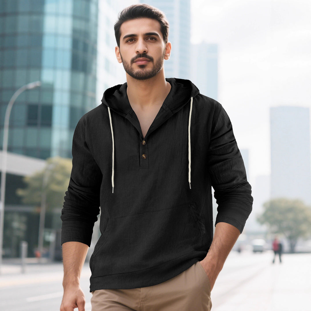 Herren Leichter Kapuzen-Henley aus Baumwoll-Leinen mit Kängurutasche Shop Nory