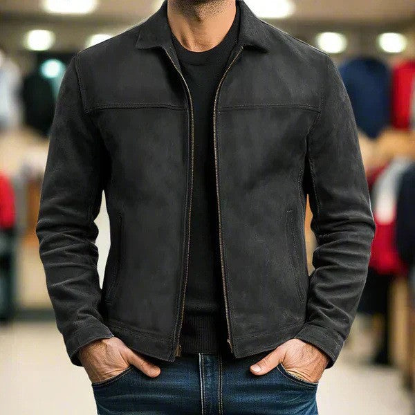 Herren nan schlanke Veloursleder-Jacke mit klassischem Kragen und verdecktem Reißverschluss Shop Nory