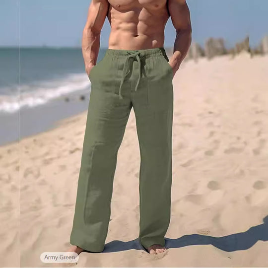 Herren gerade geschnittene Leinen-Loungehose mit Kordelzug, tiefen Eingrifftaschen und atmungsaktiver Struktur Shop Nory