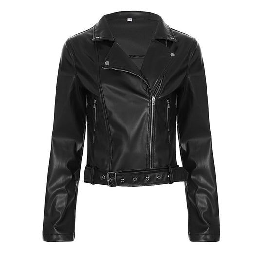 Damen nan taillierte Bikerjacke aus Kunstleder mit asymmetrischem Reißverschluss, metallischen Details und Taillengürtel Shop Nory