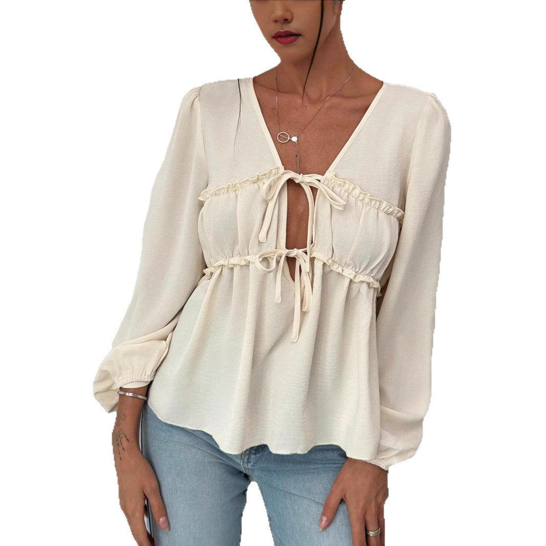 Damen Babydoll-Blusentop mit doppeltem Bindesystem und Ballonärmeln Shop Nory