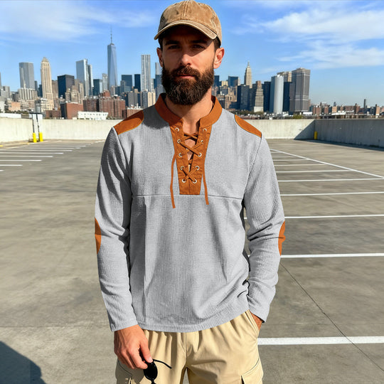 Herren Waffelstrick-Langarmshirt mit Schnürung und Kunstvelours-Ellbogenpatches Shop Nory