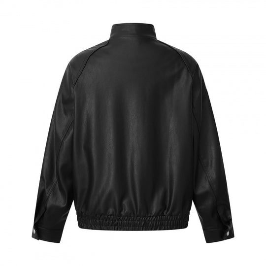 Unisex Kurz geschnittene kastige Kunstleder-Bomberjacke mit hohem Stehkragen, Druckknopfblende und elastischem Saum Shop Nory