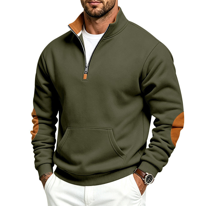 Herren Troyer-Pullover mit halbem Reißverschluss, Kängurutasche und Ellbogen-Patches Shop Nory