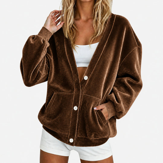 Damen Oversize-Relax-Cardigan aus Velours mit Knopfleiste und Eingrifftaschen Shop Nory