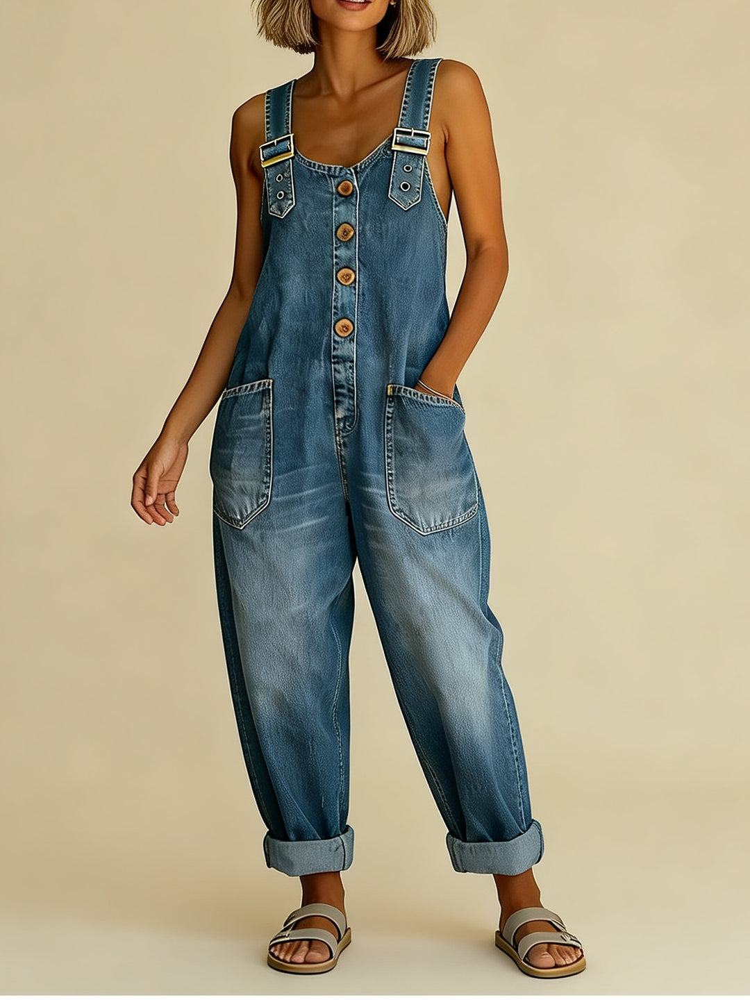 Damen Weite Denim-Latzhose mit Knopfleiste, verstellbaren Trägern und aufgesetzten Taschen Shop Nory