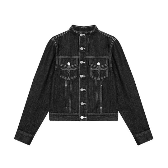 Damen Taillierte Jeansjacke mit Stehkragen, Ziernähten und Metallknopfverschluss Shop Nory