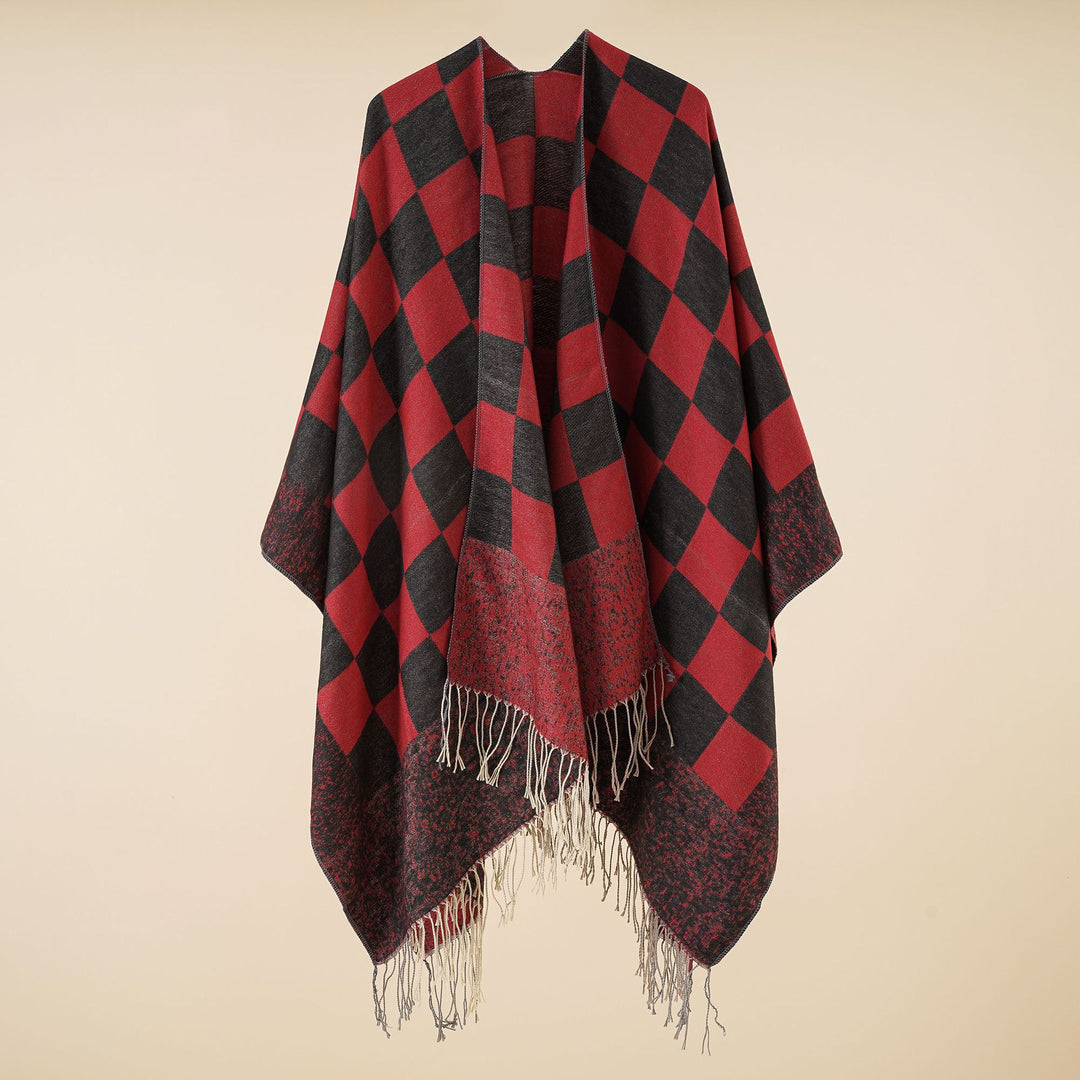 Damen Oversized gewebter Poncho mit Rautenmuster und Fransen Shop Nory