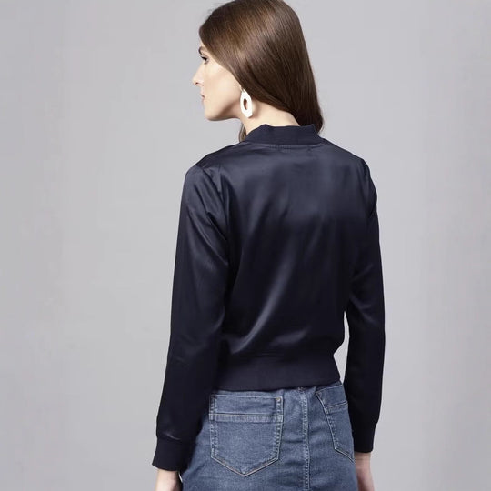 Damen Kurze Satin-Bomberjacke mit Reißverschluss, Rippbündchen und Eingrifftaschen Shop Nory