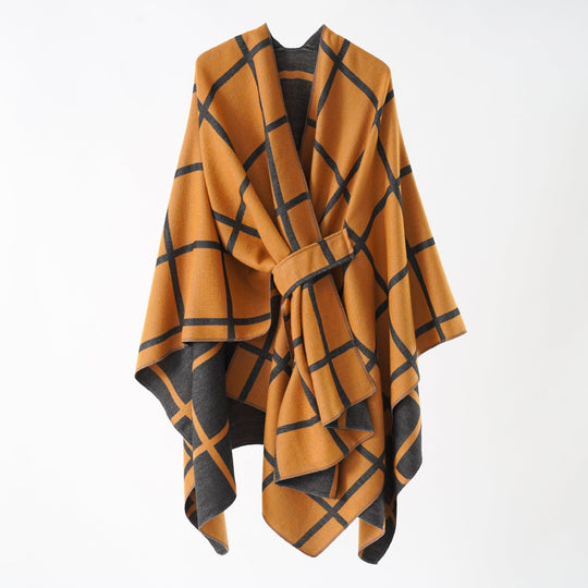 Damen Oversize Poncho aus Feinstrick mit Taillengürtel und Karomuster Shop Nory