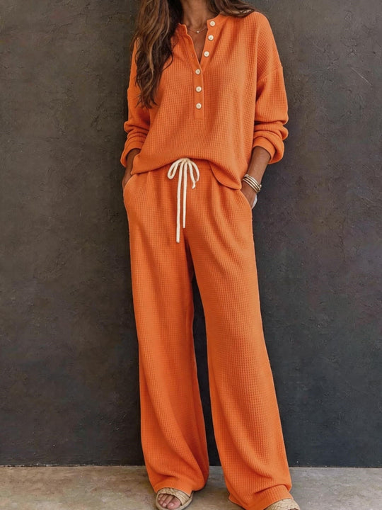 Damen Waffelstrick-Loungewear-Set mit Henley-Oberteil, Kordelbund und weiter Palazzo-Hose Shop Nory
