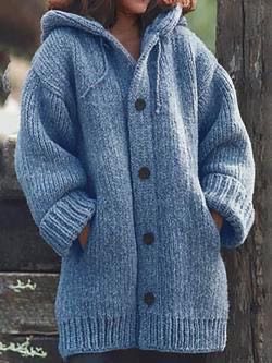 Damen weit geschnittener Kapuzen-Strickmantel mit Knopfleiste und Eingrifftaschen Shop Nory