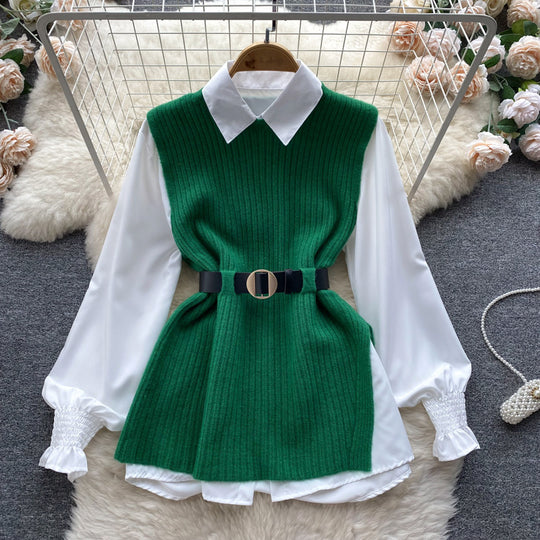 Damen Lagenlook-Bluse mit Rippstrick-Überwurf und Taillengürtel Shop Nory