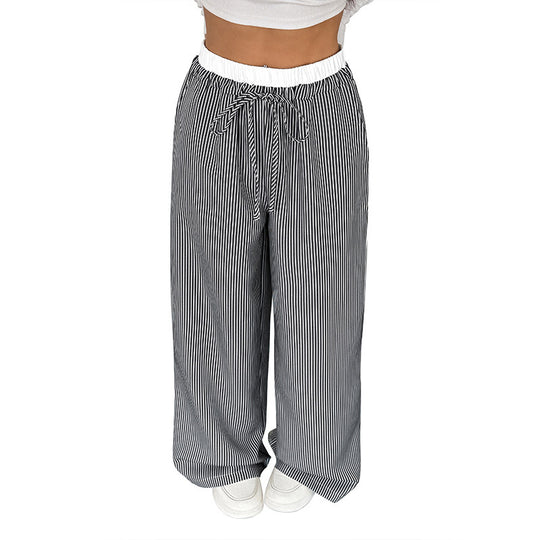 Damen Weite Streifen-Hose im Palazzo-Stil mit Smok-Taillenbund und Kordelzug Shop Nory