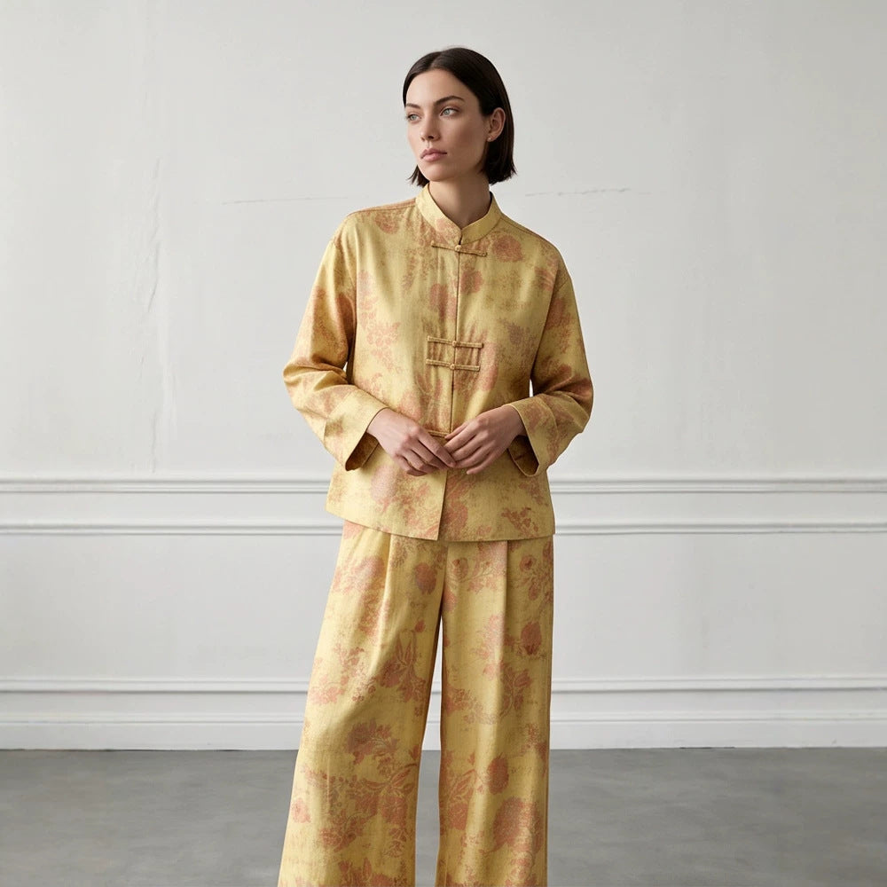 Damen Zweiteiliges Jacquard-Set mit Mandarin-Kragen und weit geschnittener Hose Shop Nory