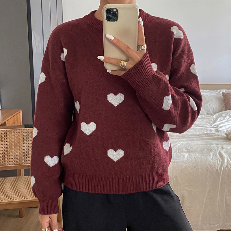 Damen Grobstrick-Pullover mit Herzintarsien und klassischem Rundhalsausschnitt Shop Nory
