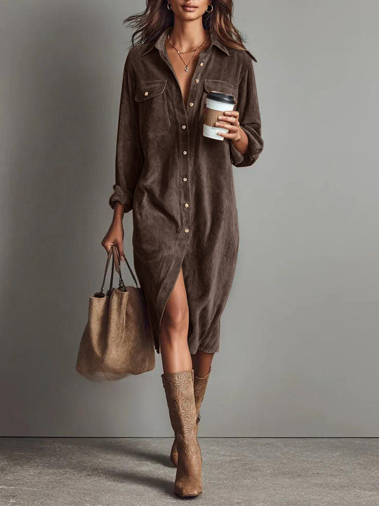 Damen Hemdblusenkleid aus Cord mit Brusttaschen, Knopfleiste und Schlitze Shop Nory