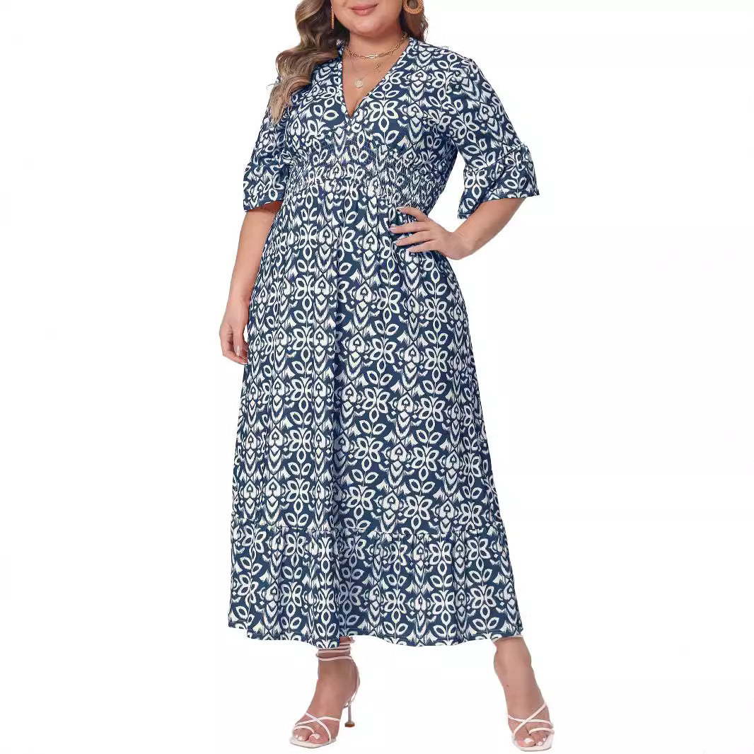 Damen Midikleid in A‑Linie mit grafischem Allover‑Print, geraffter Taillenpartie und Volantstufen Shop Nory