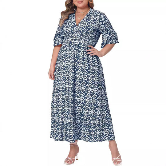 Damen Midikleid in A‑Linie mit grafischem Allover‑Print, geraffter Taillenpartie und Volantstufen Shop Nory