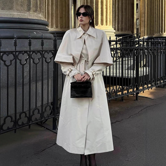 Damen Langer Taillierter Trenchcoat mit abnehmbarem Cape und Bindegürtel Shop Nory