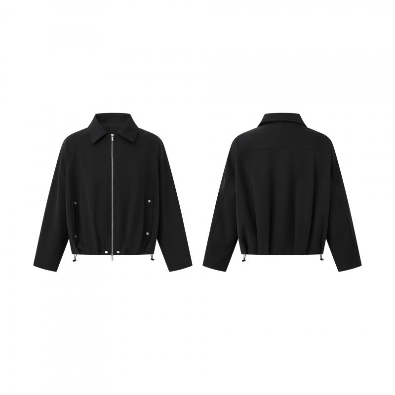 Unisex Kurz geschnittene kastige Zip‑Blousonjacke mit Hemdkragen, Kordelzugsaum und Druckknopf‑Taschen Shop Nory