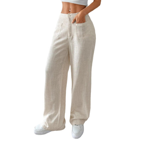 Damen Hochtaillierte Leinenlook Palazzo-Hose mit aufgesetzten Taschen Shop Nory