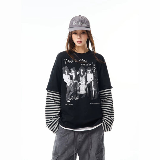 Damen Lässiges Oversized T-Shirt mit gestreiften Ärmeln Shop Nory