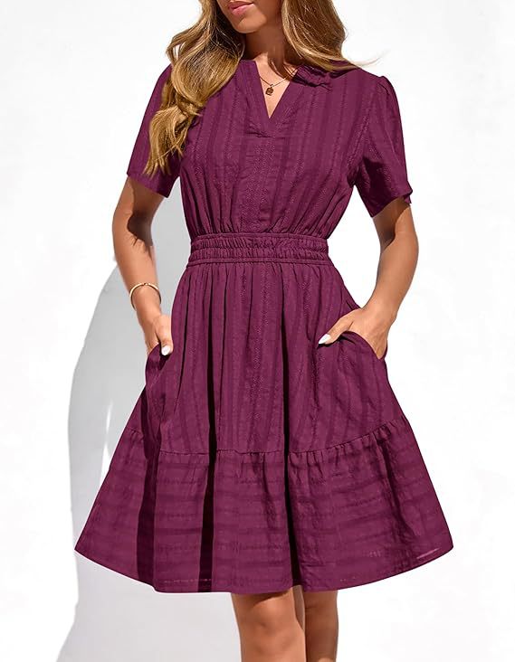 Damen Tailliertes Stufen-Midikleid mit Smokbund, V‑Ausschnitt und Eingrifftaschen Shop Nory