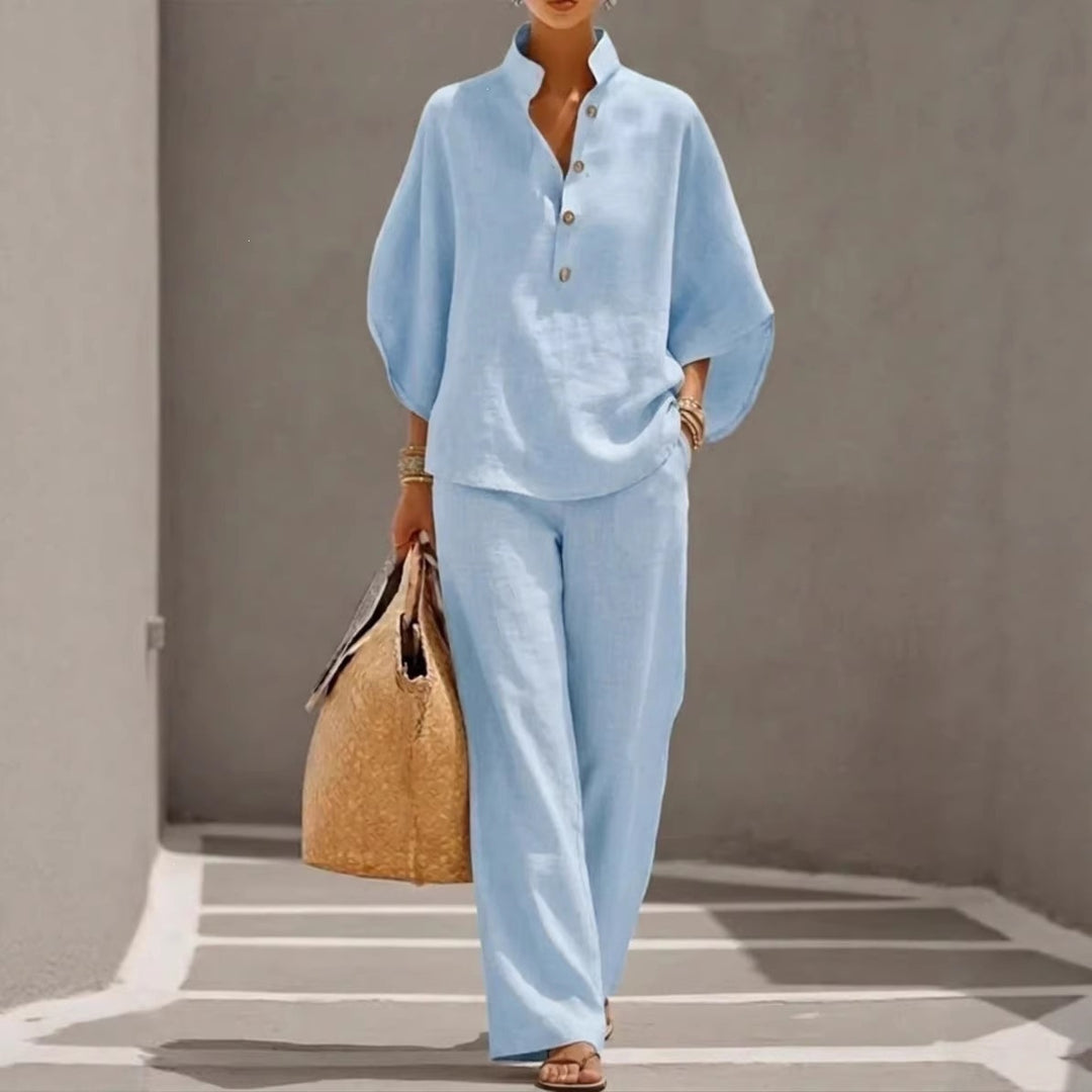 Damen Lockeres Leinenoptik-Zweiteiler mit Stehkragenbluse und weitem Palazzo-Hose Shop Nory
