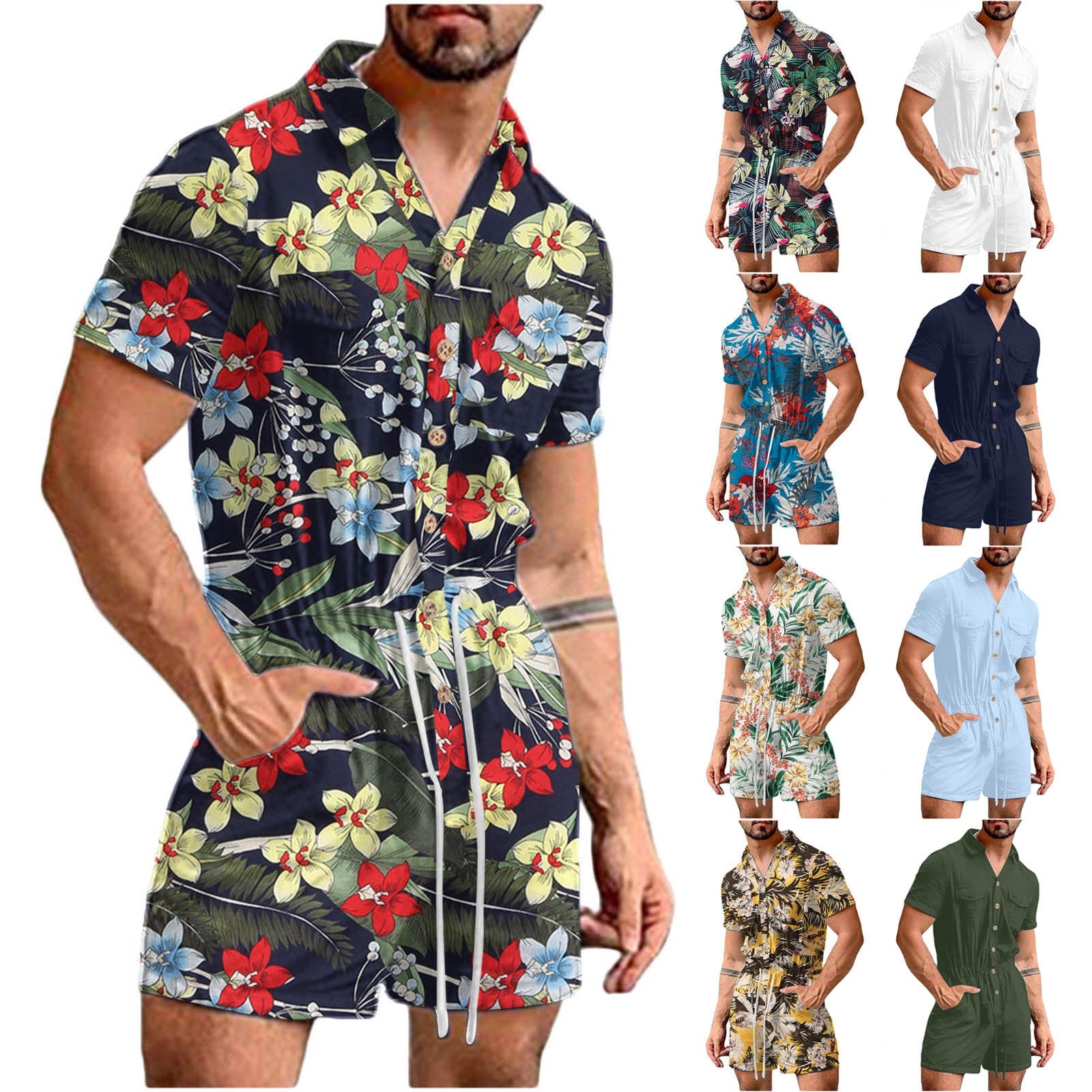 Herren Kurzoverall mit lShopnoryhaftem Blumenmuster Shopnory