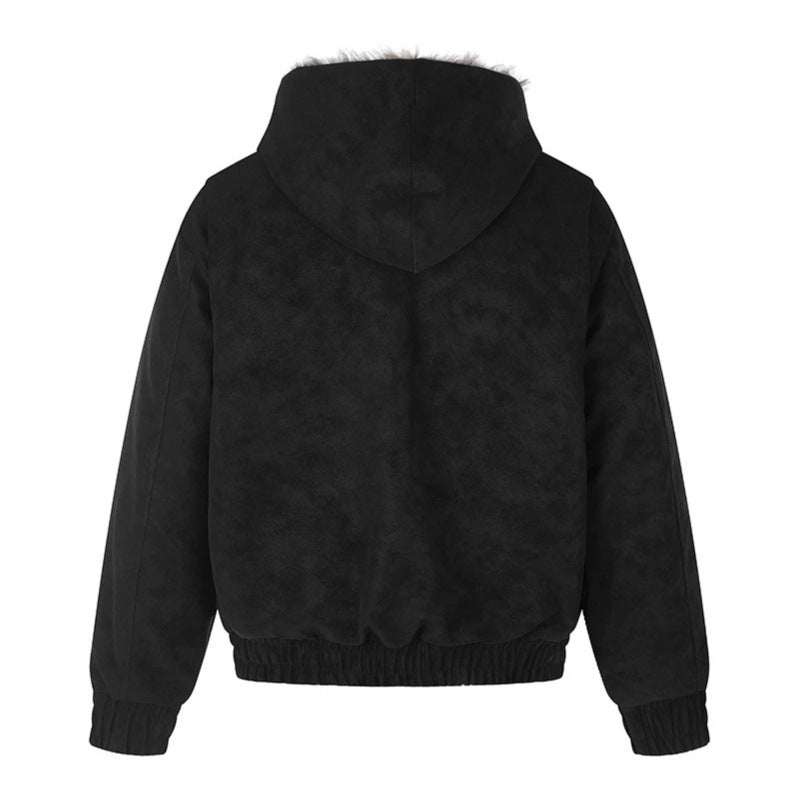 Damen Kapuzen-Bomberjacke aus Veloursimitat mit Kunstfell‑Futter und dekorativen Reliefknöpfen Shop Nory