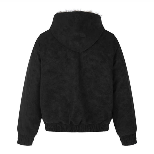 Damen Kapuzen-Bomberjacke aus Veloursimitat mit Kunstfell‑Futter und dekorativen Reliefknöpfen Shop Nory