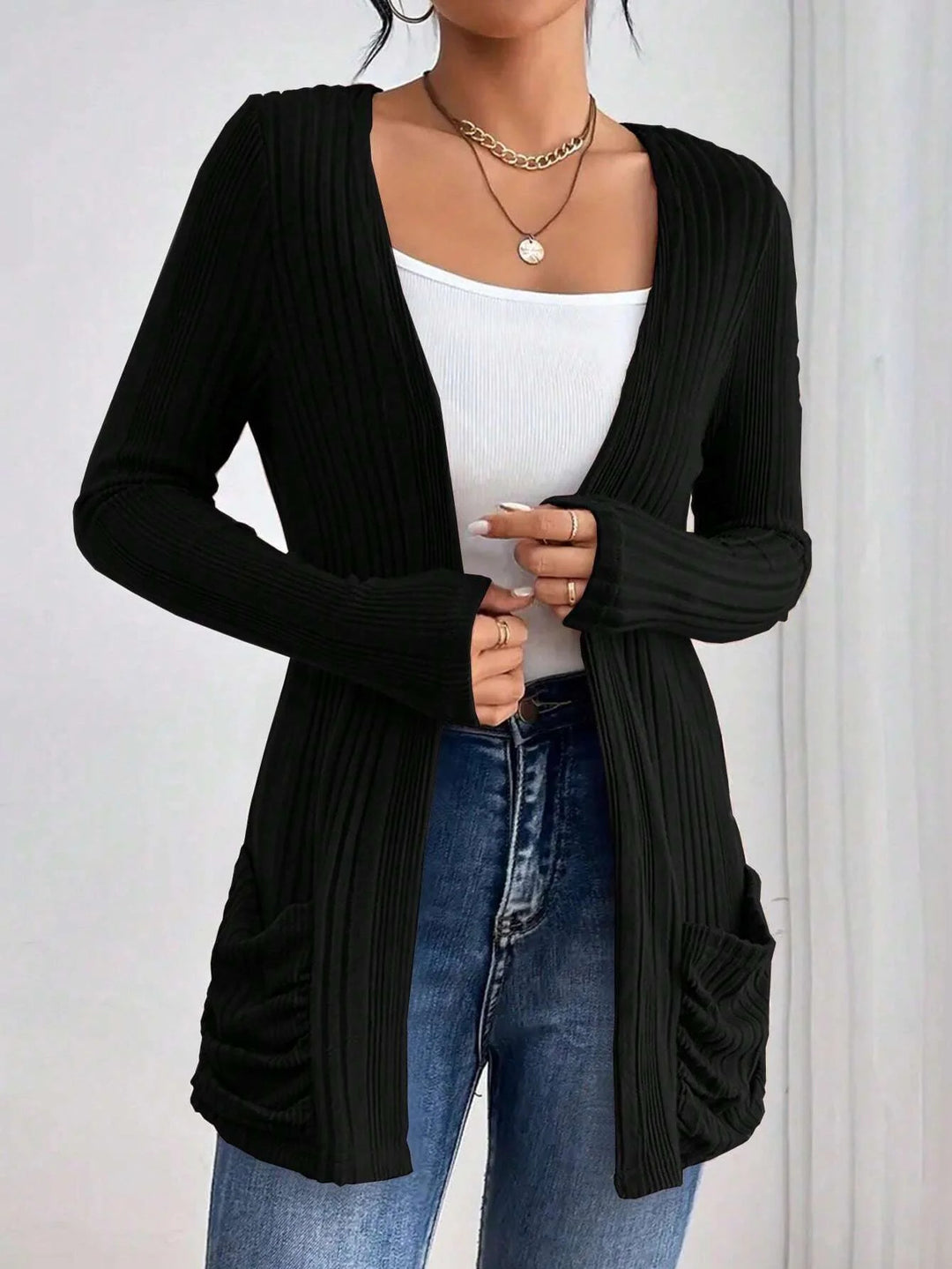 Damen Gerippter Langcardigan mit offener Front, Eingrifftaschen und legerer Passform Shop Nory