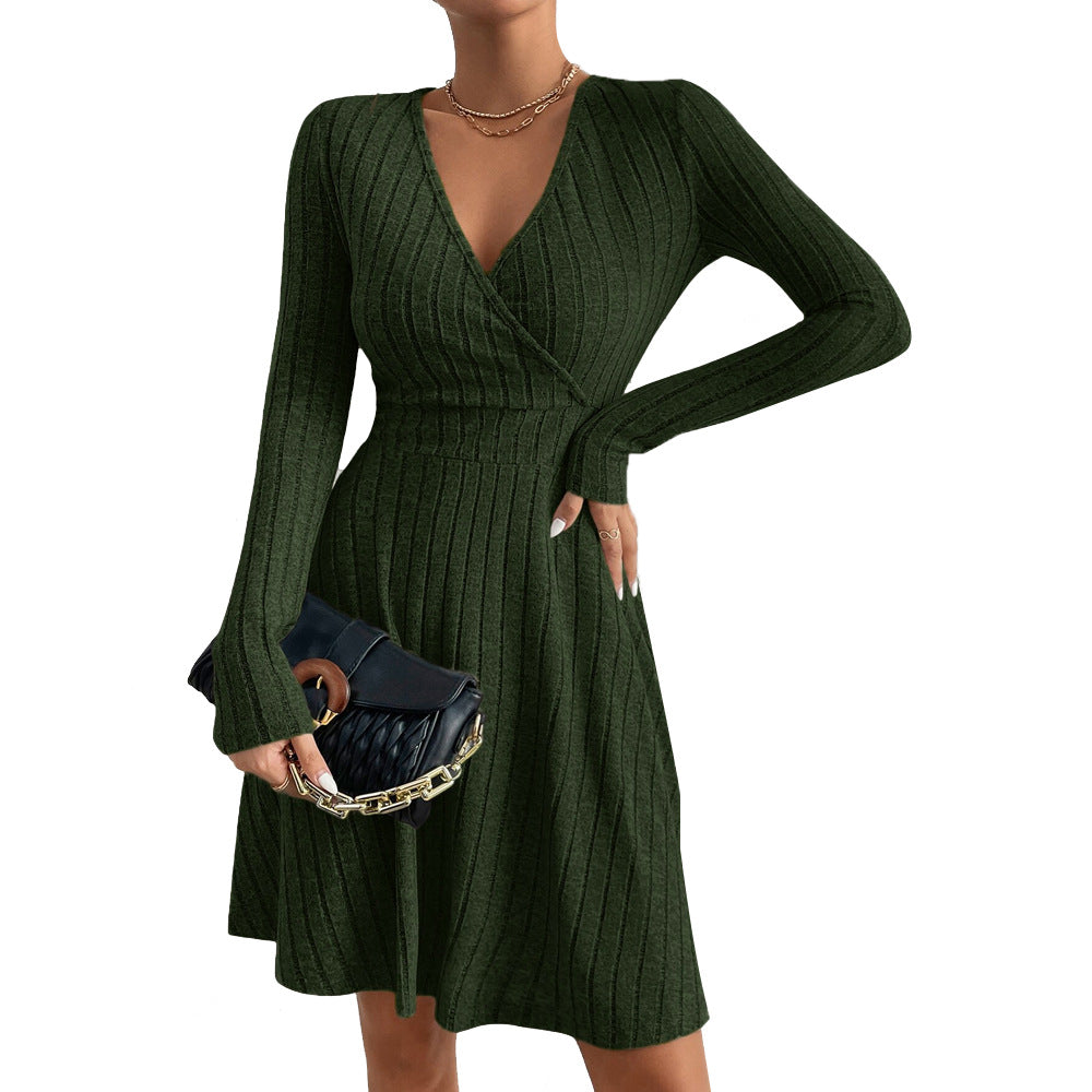 Damen figurschmeichelndes geripptes Wickel-Strickkleid mit tailliertem Bund und ausgestelltem Rock Shop Nory