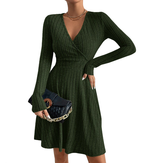 Damen figurschmeichelndes geripptes Wickel-Strickkleid mit tailliertem Bund und ausgestelltem Rock Shop Nory